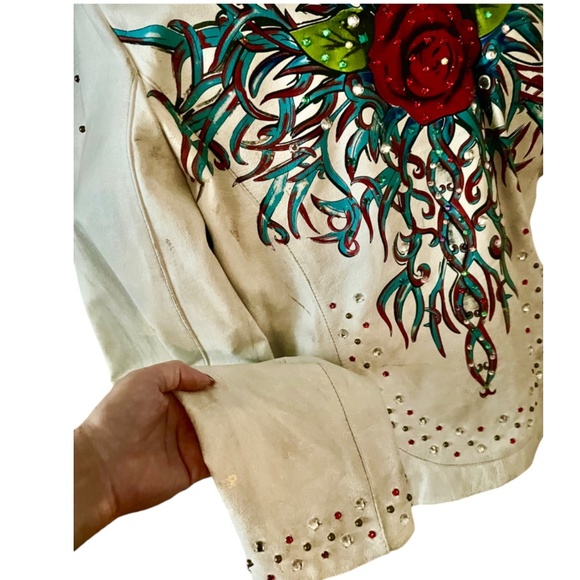 Wilsons Leather Women/Men Moto Jacket Size XL Studs Rhinestones Rose tattoo NWOT - Picture 4 of 14